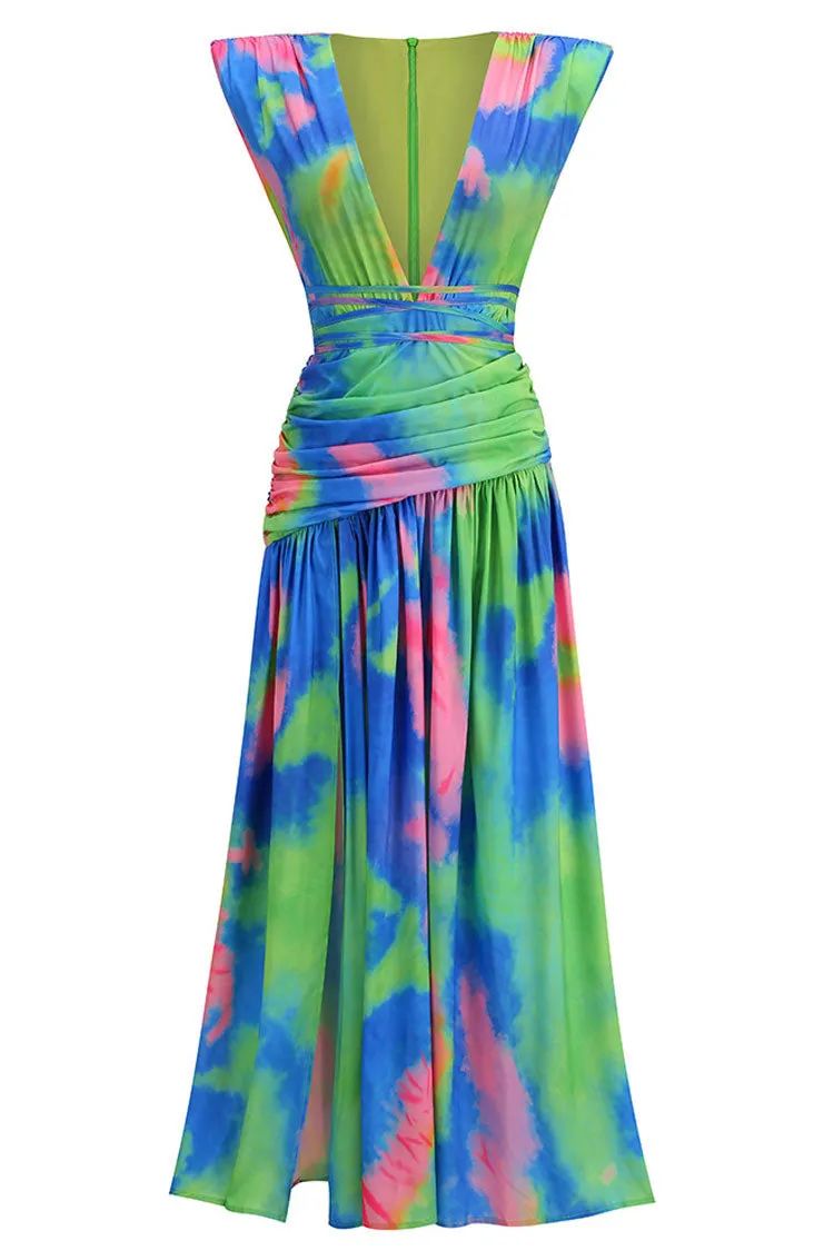 Colorful Tie Dye Deep V Wrap Waist Ruched High Split Formal Maxi Dress - Multicolor