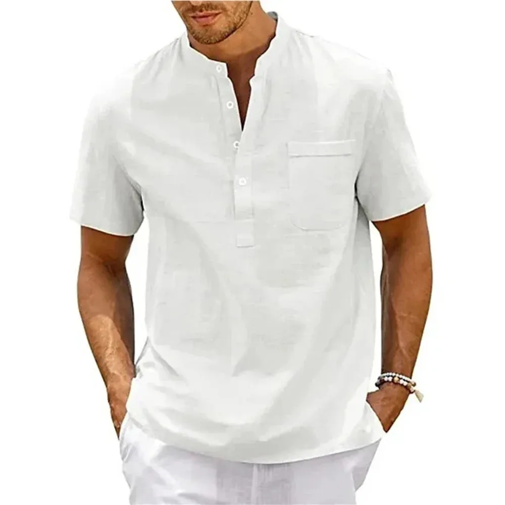 Cotton Linen Shirt Men's Henley Neck Pocket Short Sleeve Solid Color Streetwear