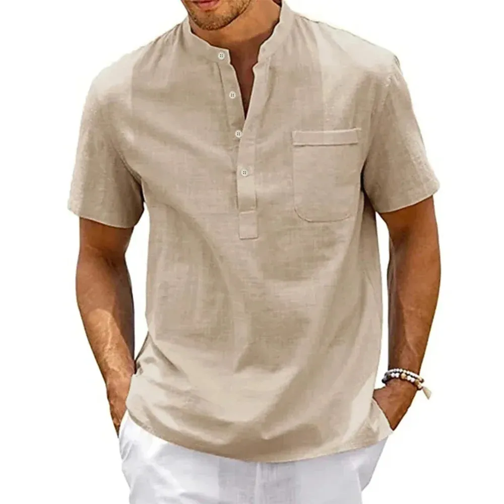 Cotton Linen Shirt Men's Henley Neck Pocket Short Sleeve Solid Color Streetwear