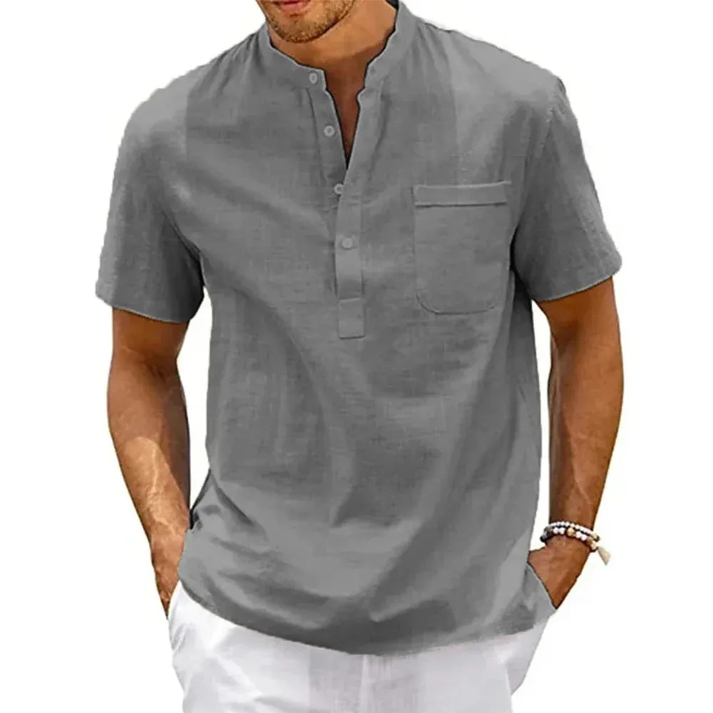 Cotton Linen Shirt Men's Henley Neck Pocket Short Sleeve Solid Color Streetwear