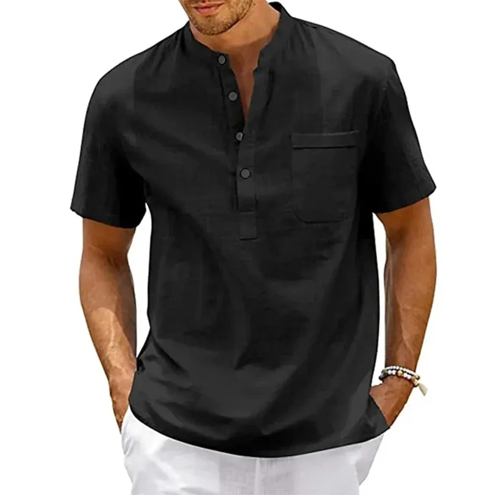 Cotton Linen Shirt Men's Henley Neck Pocket Short Sleeve Solid Color Streetwear