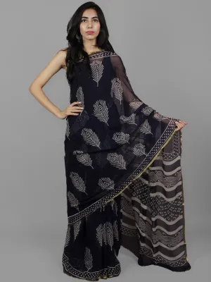 Deep Indigo Ivory Hand Block Printed Chiffon Saree - S031702089