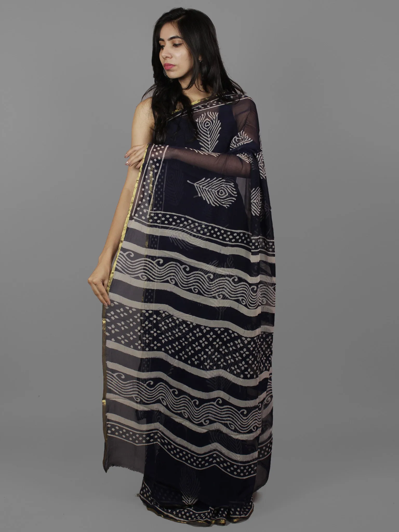 Deep Indigo Ivory Hand Block Printed Chiffon Saree - S031702089