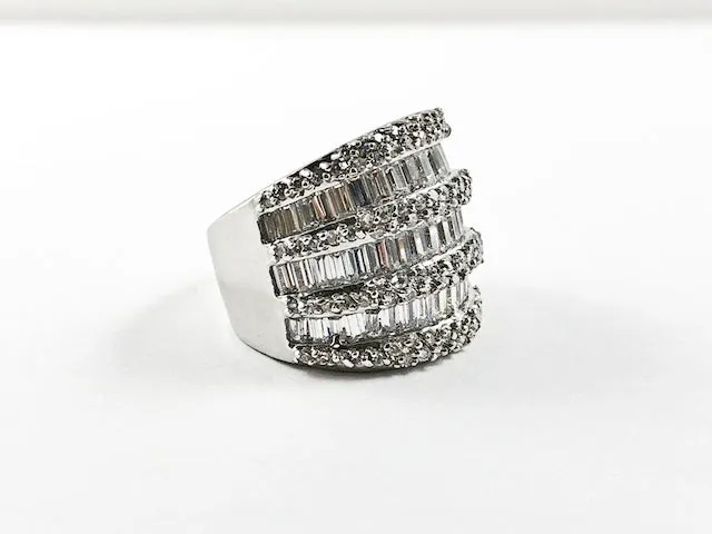 Elegant Multi Level Row Baguette & Fine CZ Setting Statement Brass Ring