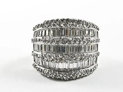 Elegant Multi Level Row Baguette & Fine CZ Setting Statement Brass Ring