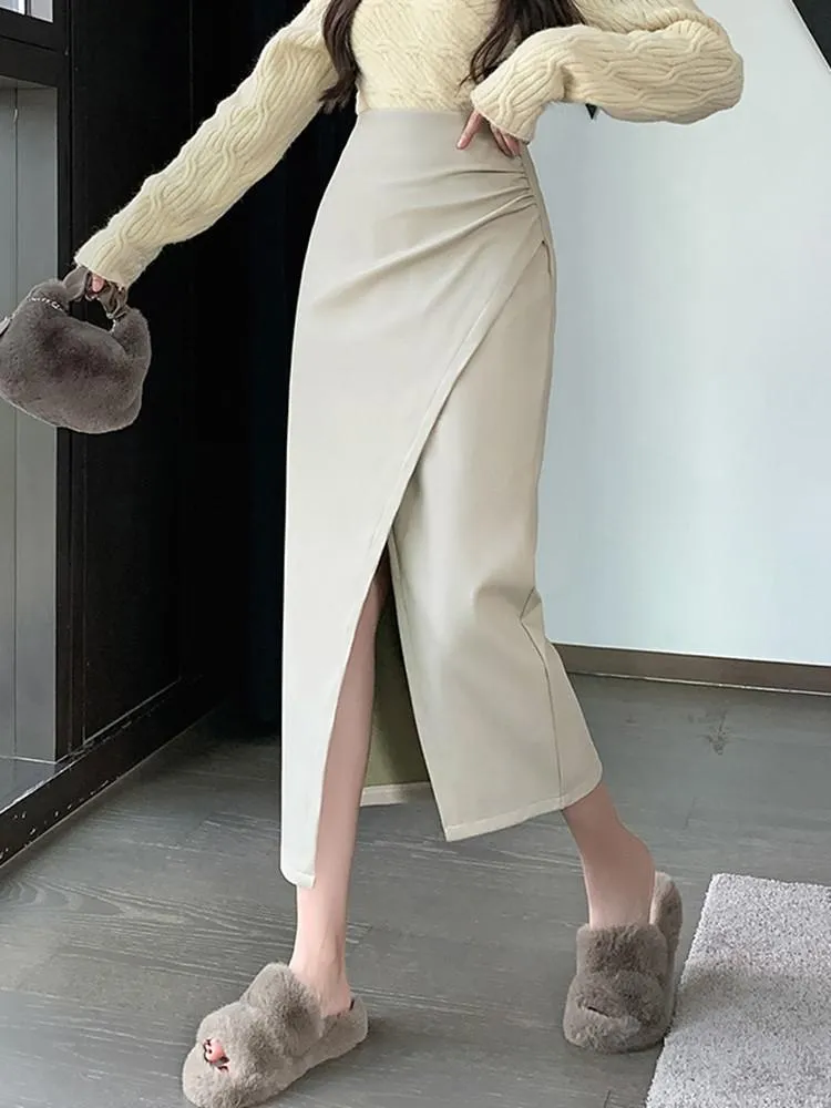 Fashionkova High Waist Pencil Skirt Women New Arrival 2023 Autumn Korean Style Solid Color PU Leather Office Lady Elegant Long Skirts W1362