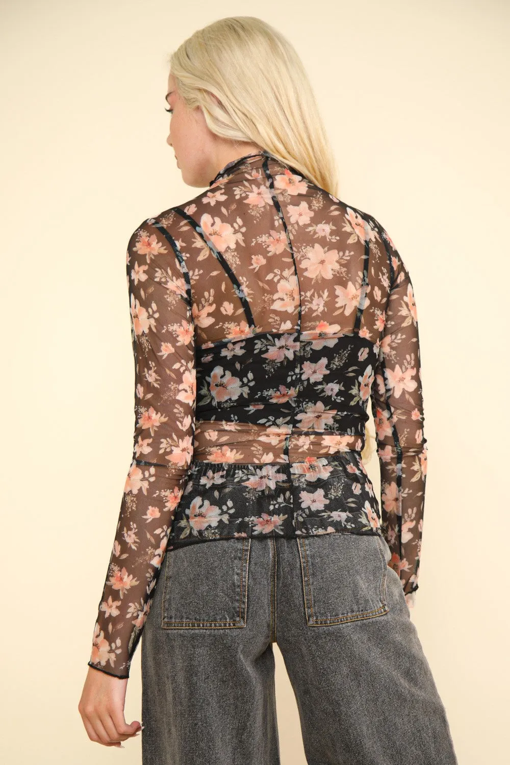 Floral Mock Neck Sheer Mesh Blouse