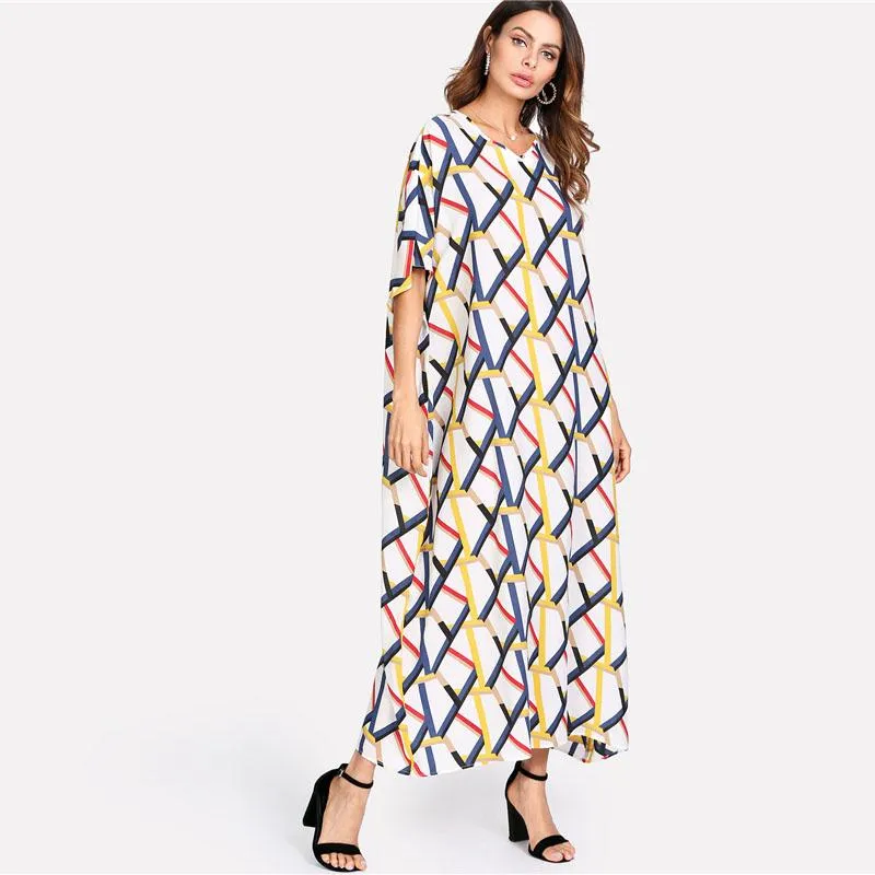 Geometric Print V-neck Short Sleeve Loose Maxi