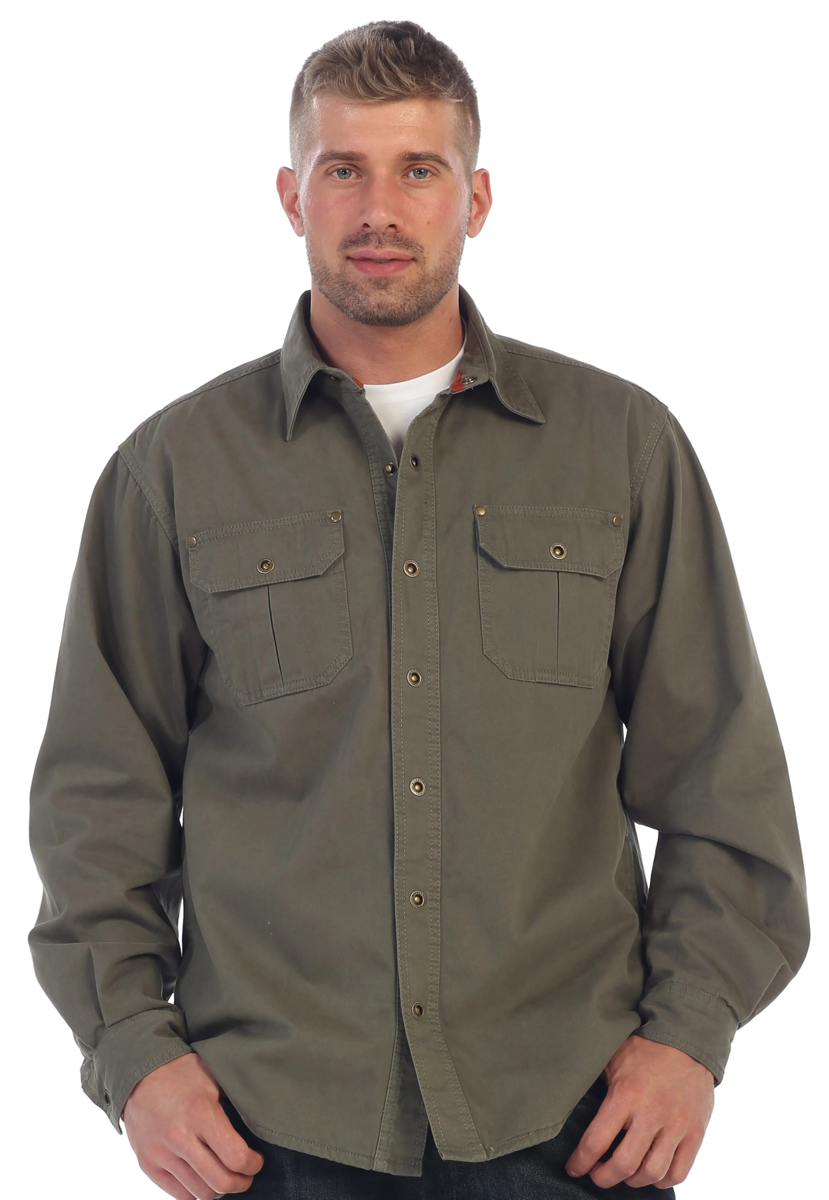 Gioberti Men's Olive Cotton Brushed and Soft Twill Shirt Jacket with Flannel Lining