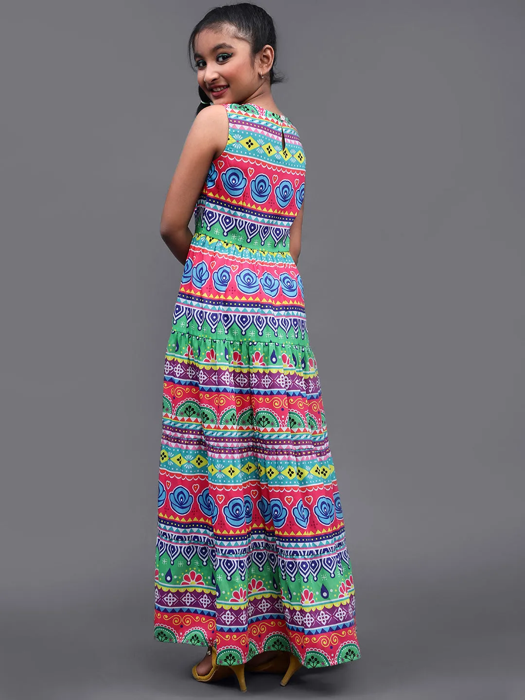 Girl's Multicolor Floral Printed Tiered Maxi Dress - Aks Girls