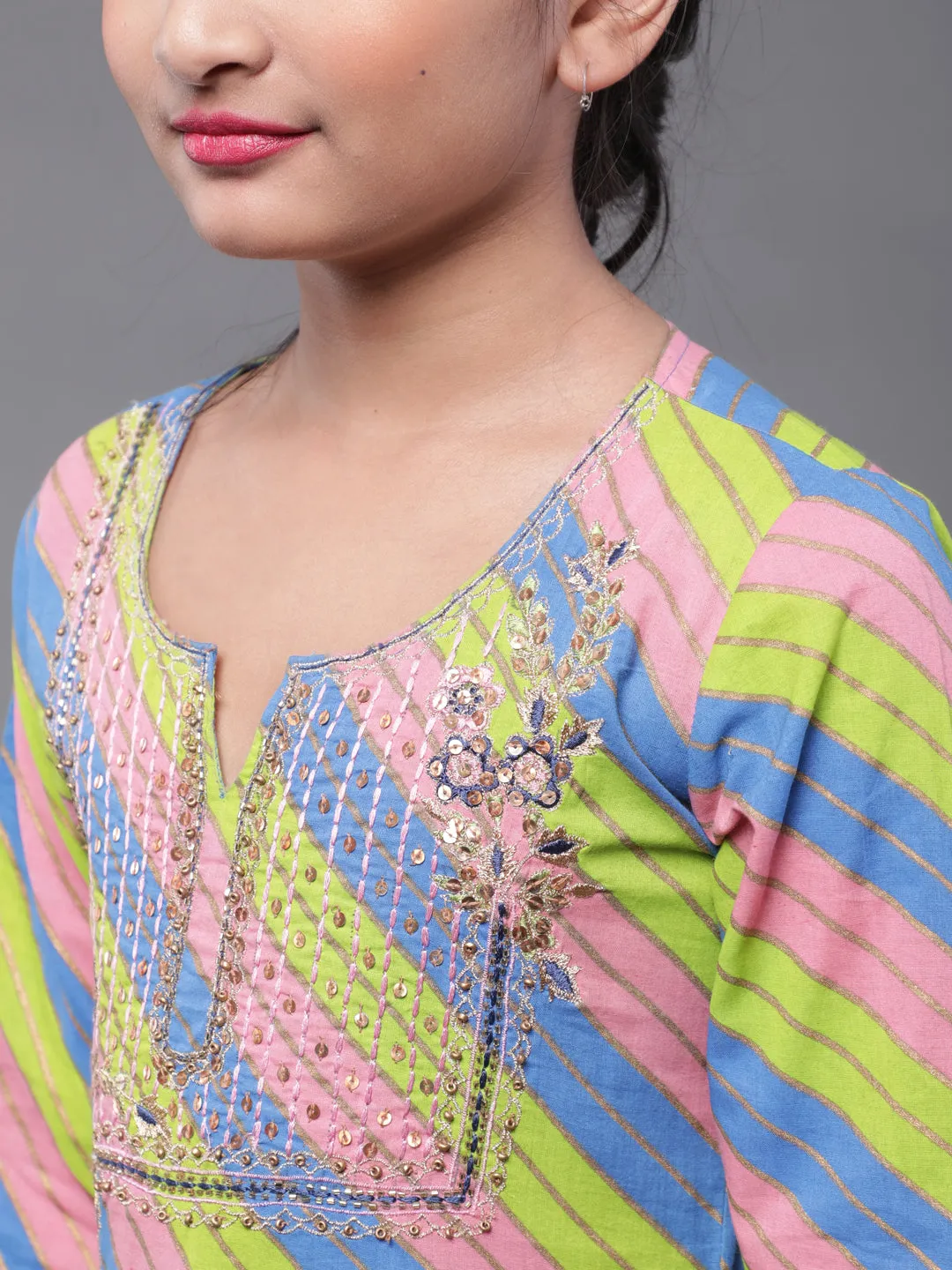 Girl's Pink & Green Leheriya Printed Maxi With Dupatta - Aks Girls