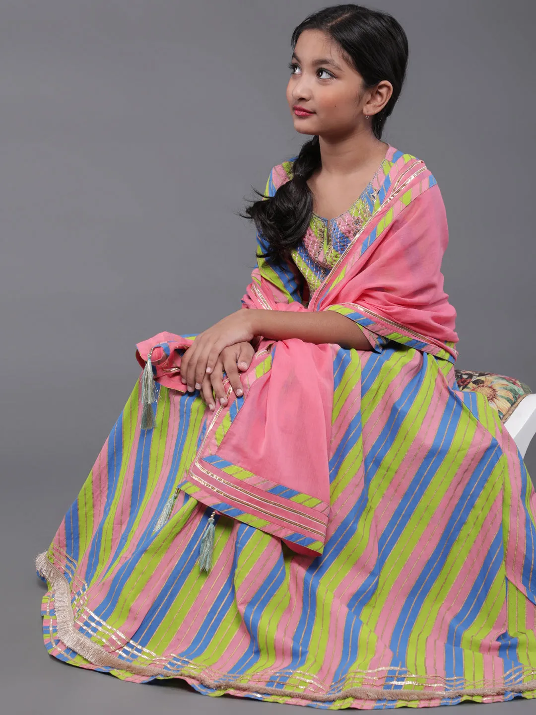 Girl's Pink & Green Leheriya Printed Maxi With Dupatta - Aks Girls