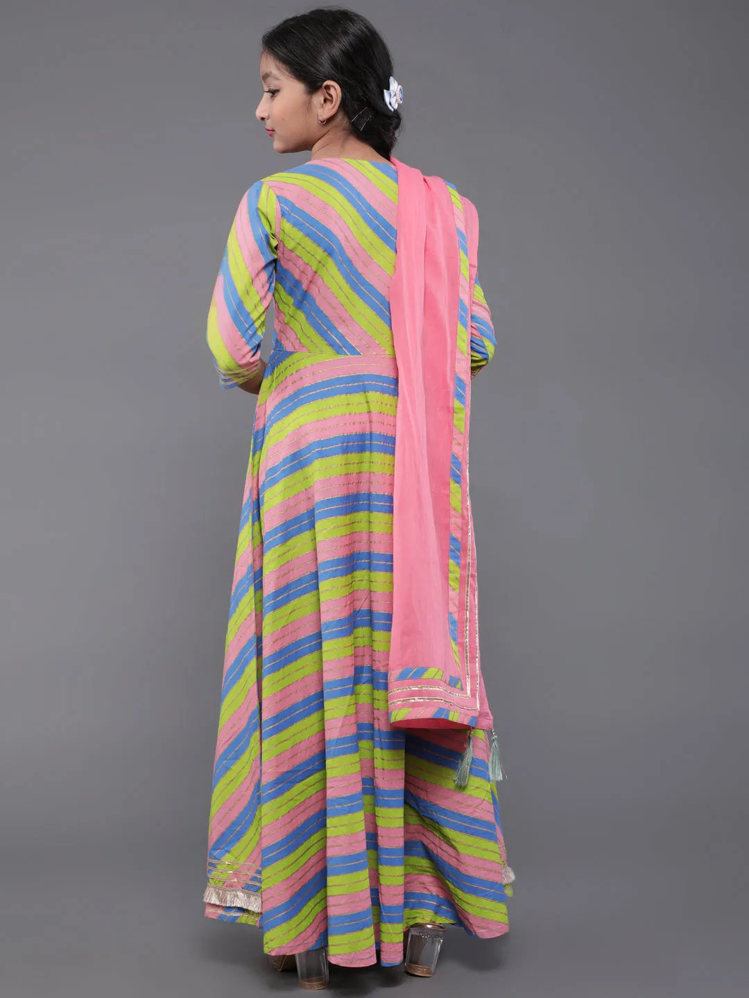 Girl's Pink & Green Leheriya Printed Maxi With Dupatta - Aks Girls