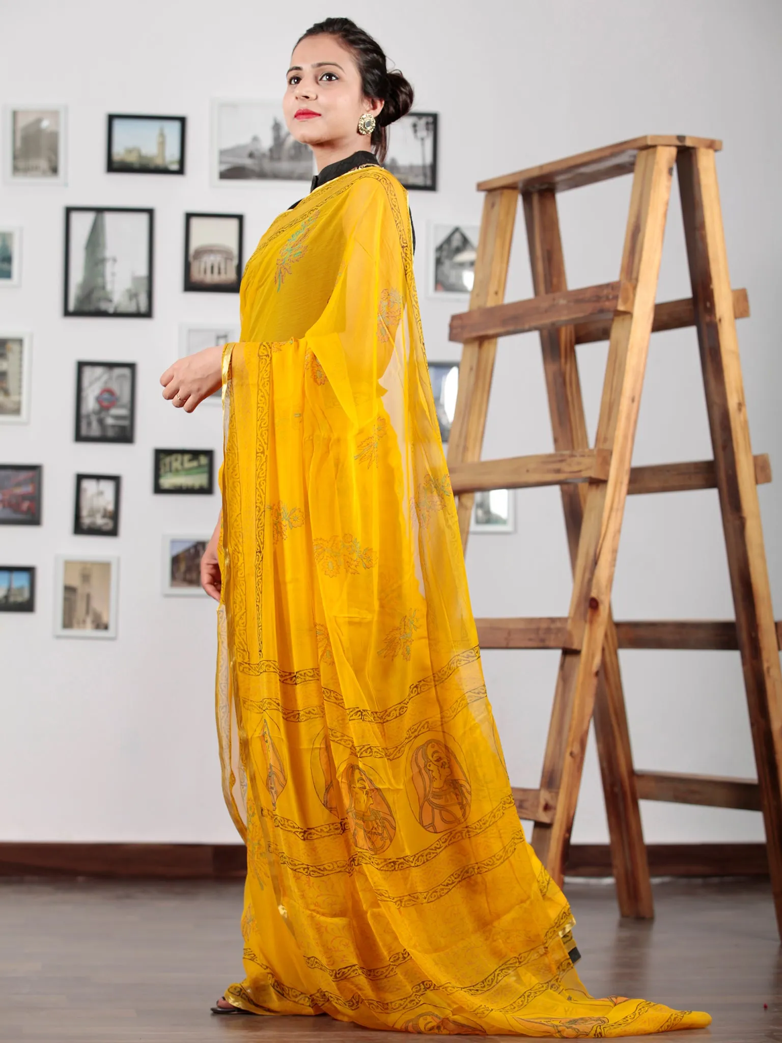 Golden Yellow Black Green Hand Block Printed Chiffon Saree with Zari Border - S031702747