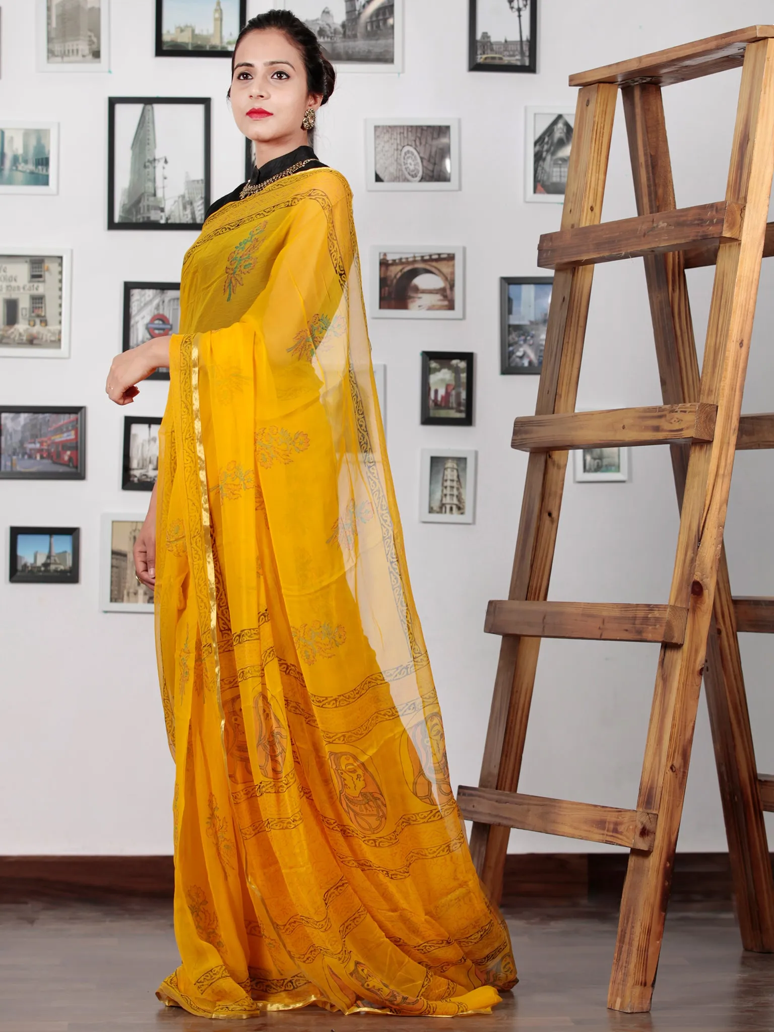 Golden Yellow Black Green Hand Block Printed Chiffon Saree with Zari Border - S031702747