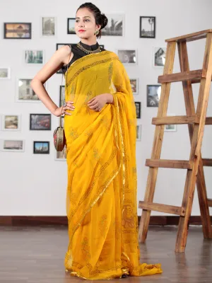 Golden Yellow Black Green Hand Block Printed Chiffon Saree with Zari Border - S031702747