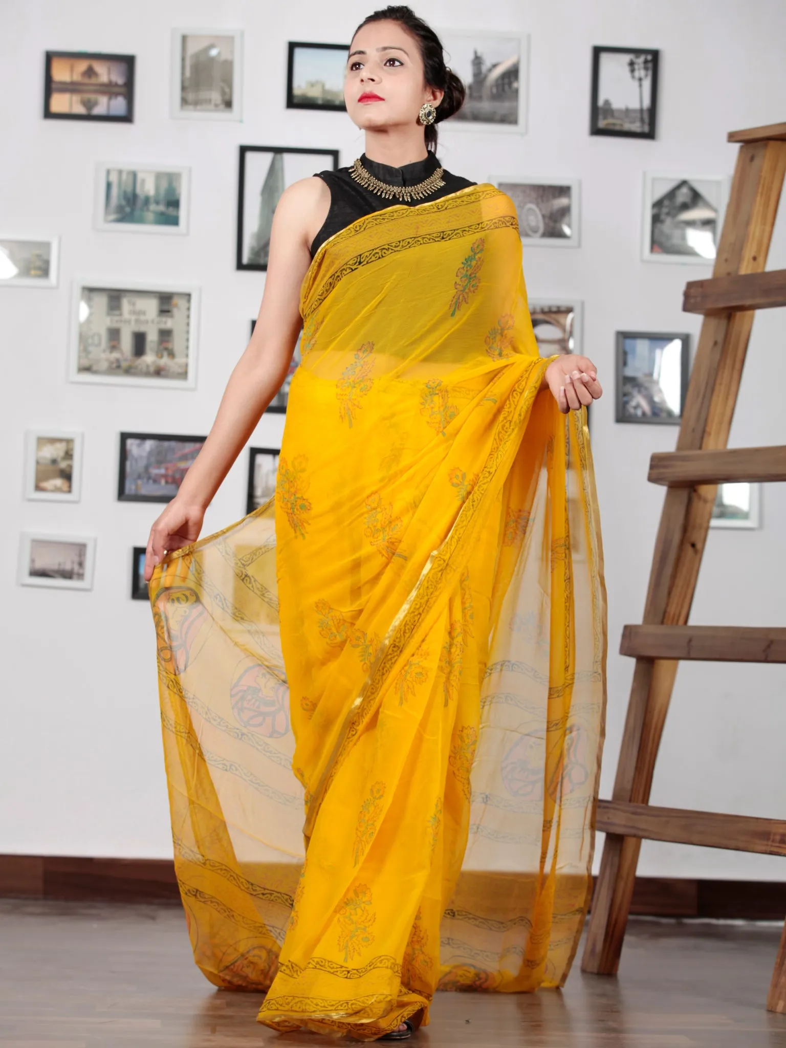 Golden Yellow Black Green Hand Block Printed Chiffon Saree with Zari Border - S031702747