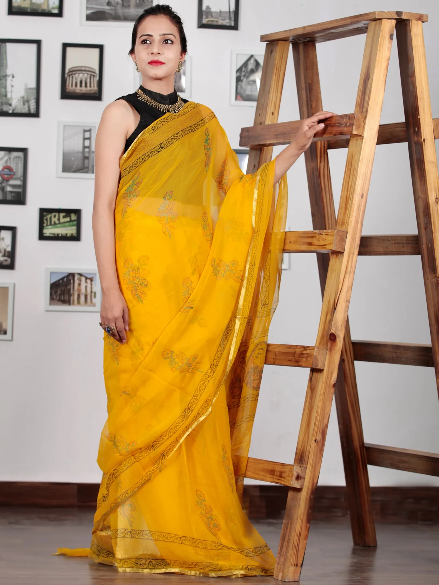 Golden Yellow Black Green Hand Block Printed Chiffon Saree with Zari Border - S031702747