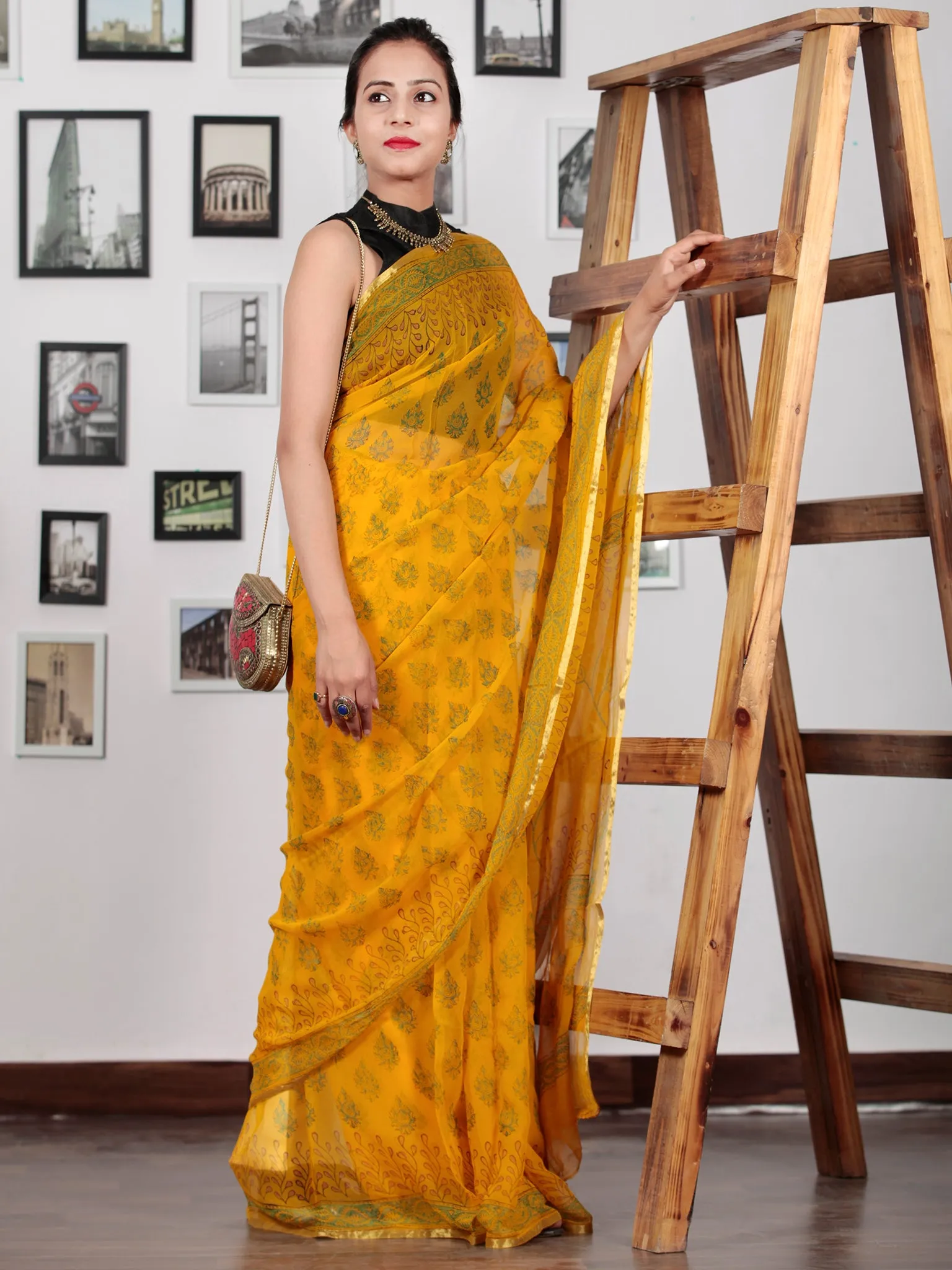 Golden Yellow Green Hand Block Printed Chiffon Saree with Zari Border - S031702750