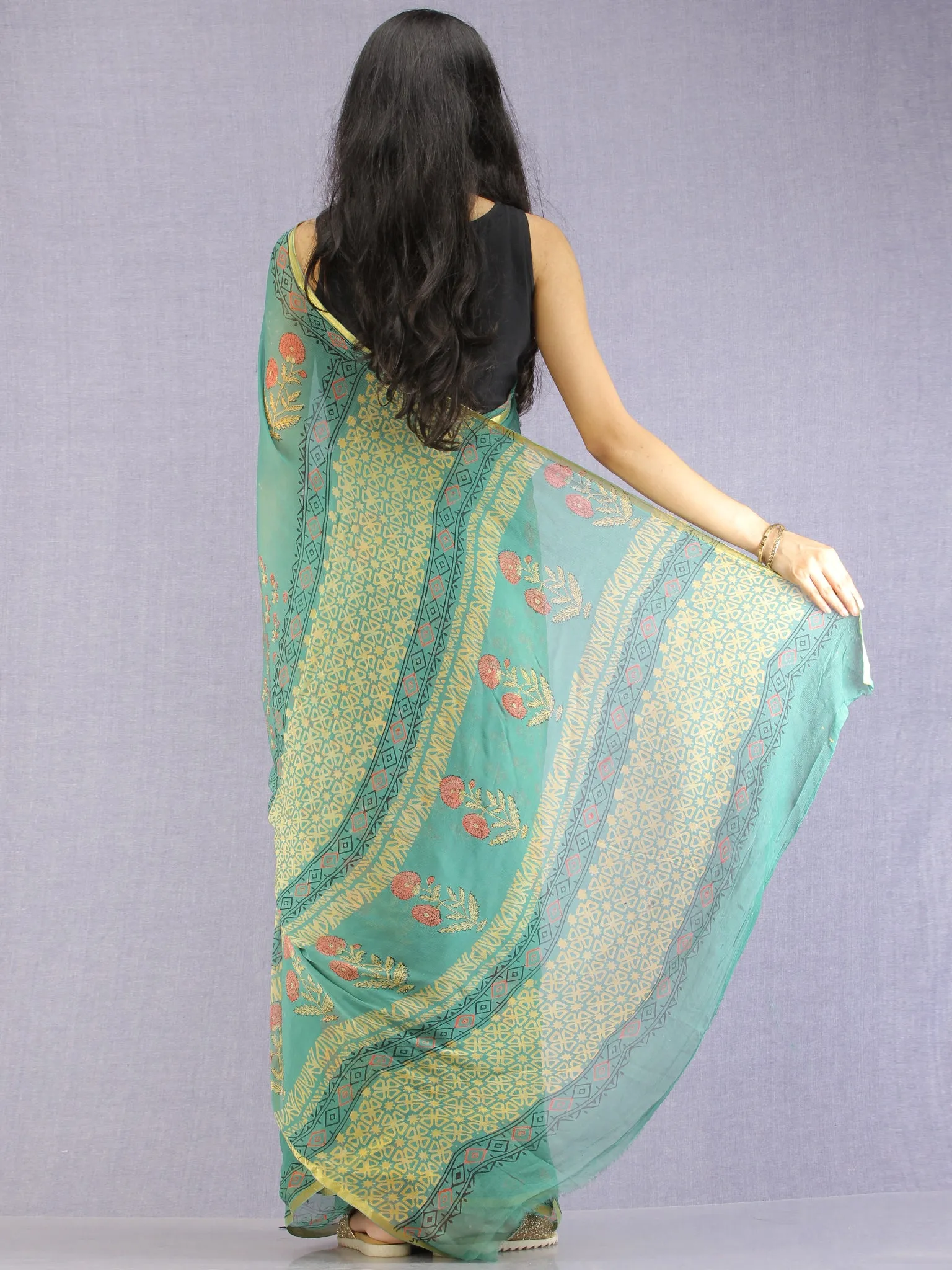 Green Red Yellow Hand Block Printed Chiffon Saree with Zari Border - S031704617