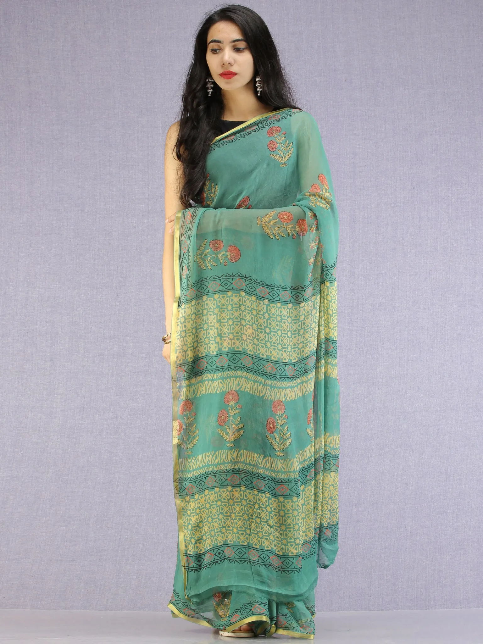 Green Red Yellow Hand Block Printed Chiffon Saree with Zari Border - S031704617