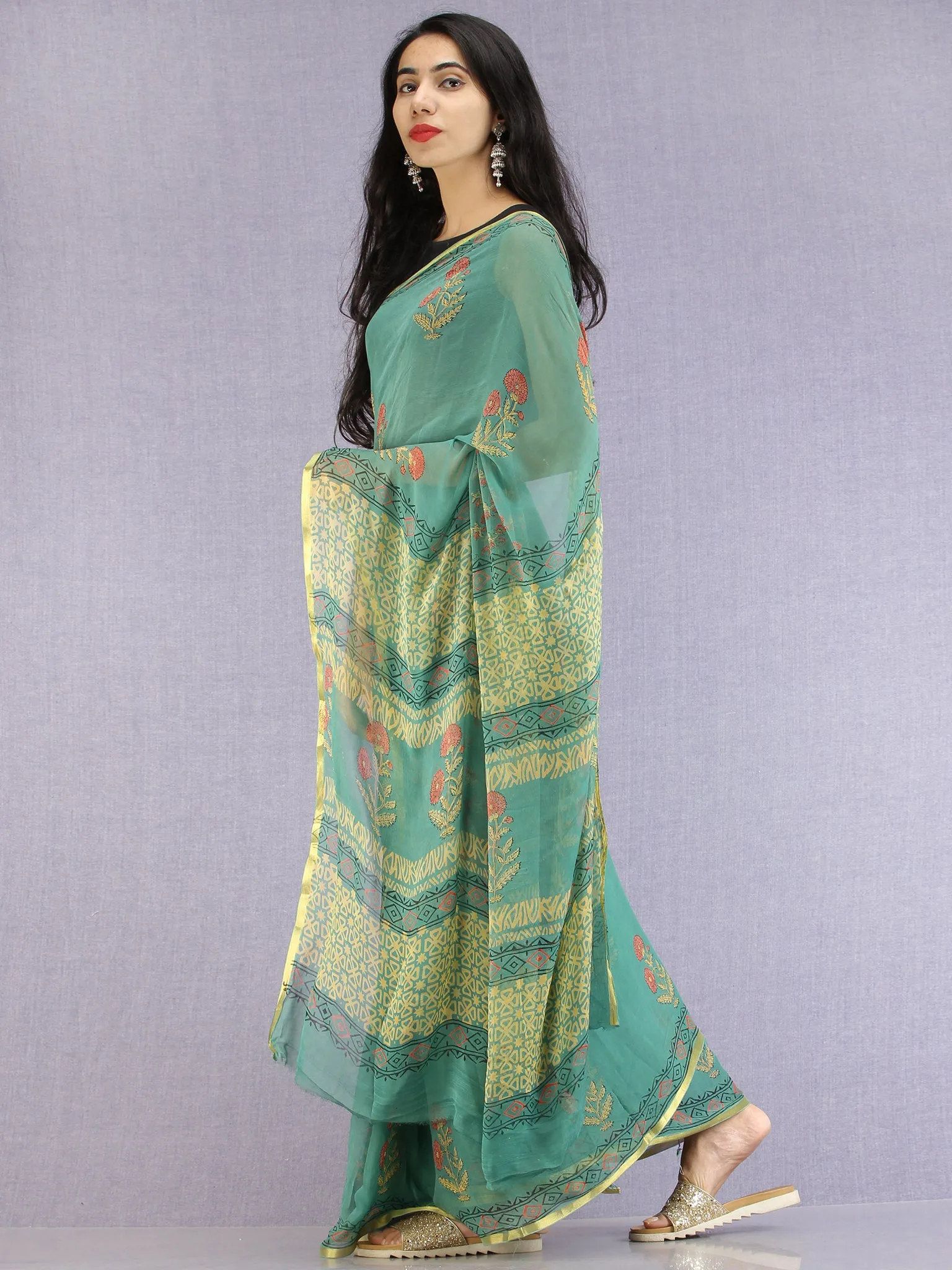 Green Red Yellow Hand Block Printed Chiffon Saree with Zari Border - S031704617