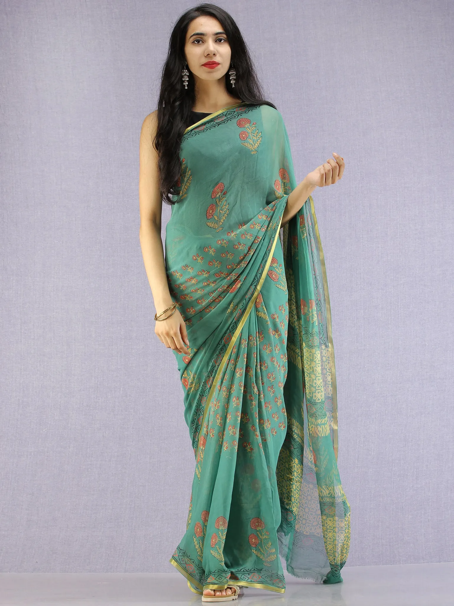 Green Red Yellow Hand Block Printed Chiffon Saree with Zari Border - S031704617