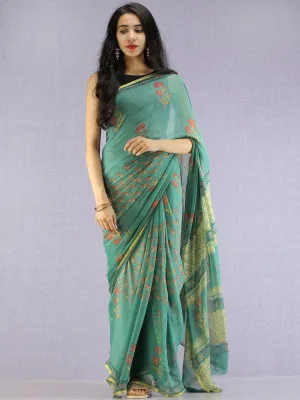 Green Red Yellow Hand Block Printed Chiffon Saree with Zari Border - S031704617