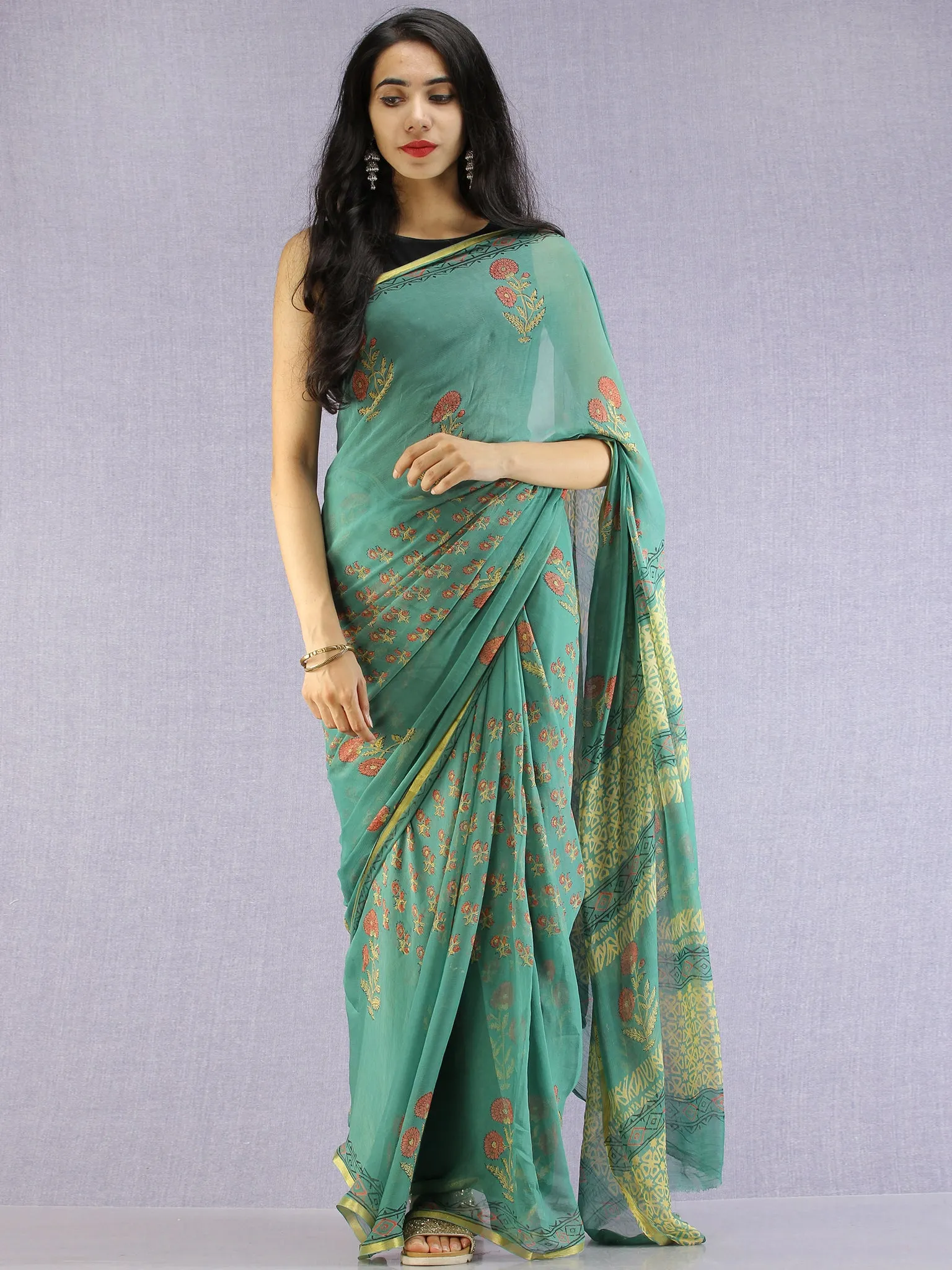 Green Red Yellow Hand Block Printed Chiffon Saree with Zari Border - S031704617