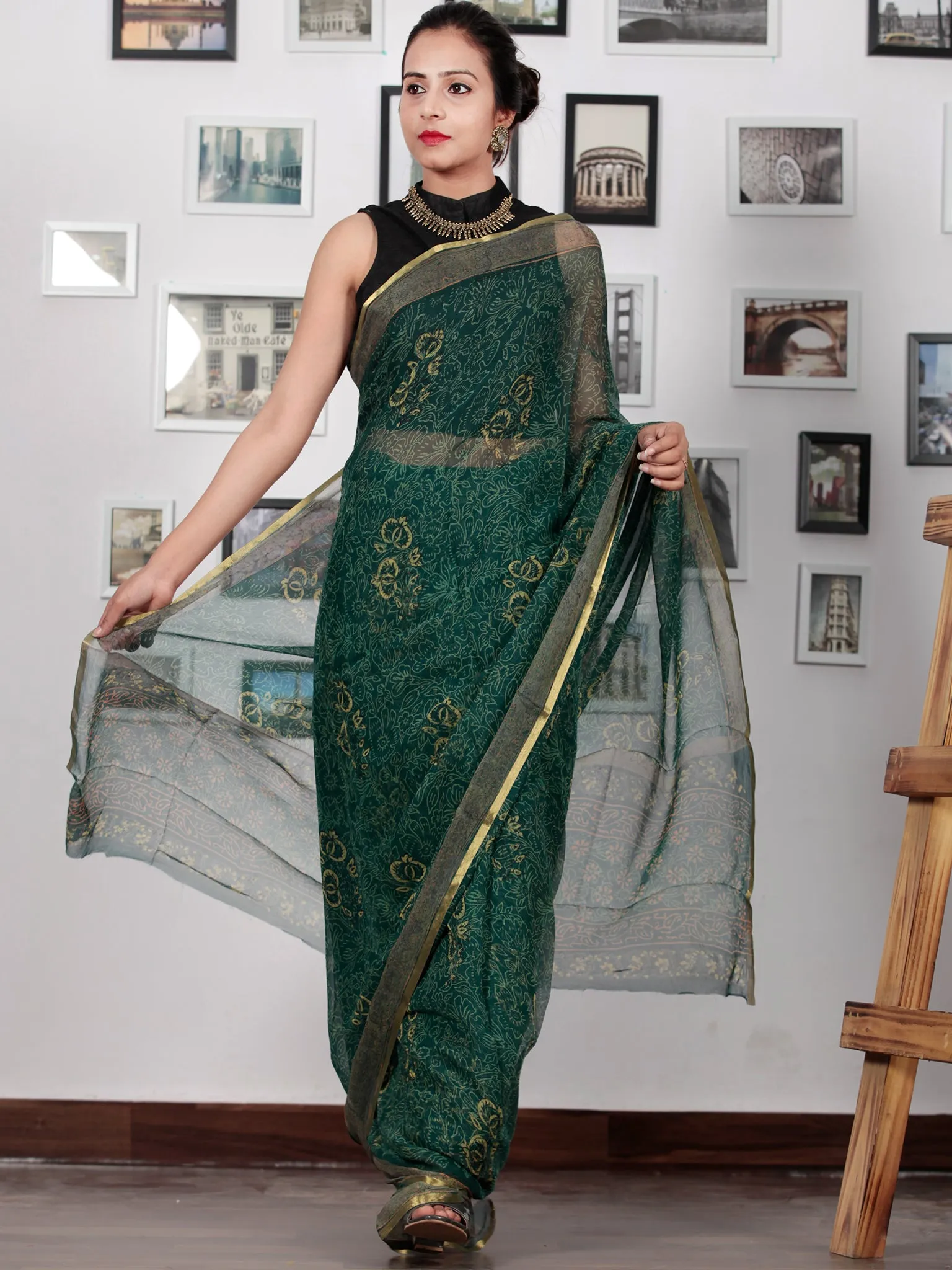 Green Yellow Hand Block Printed Chiffon Saree with Zari Border - S031702754