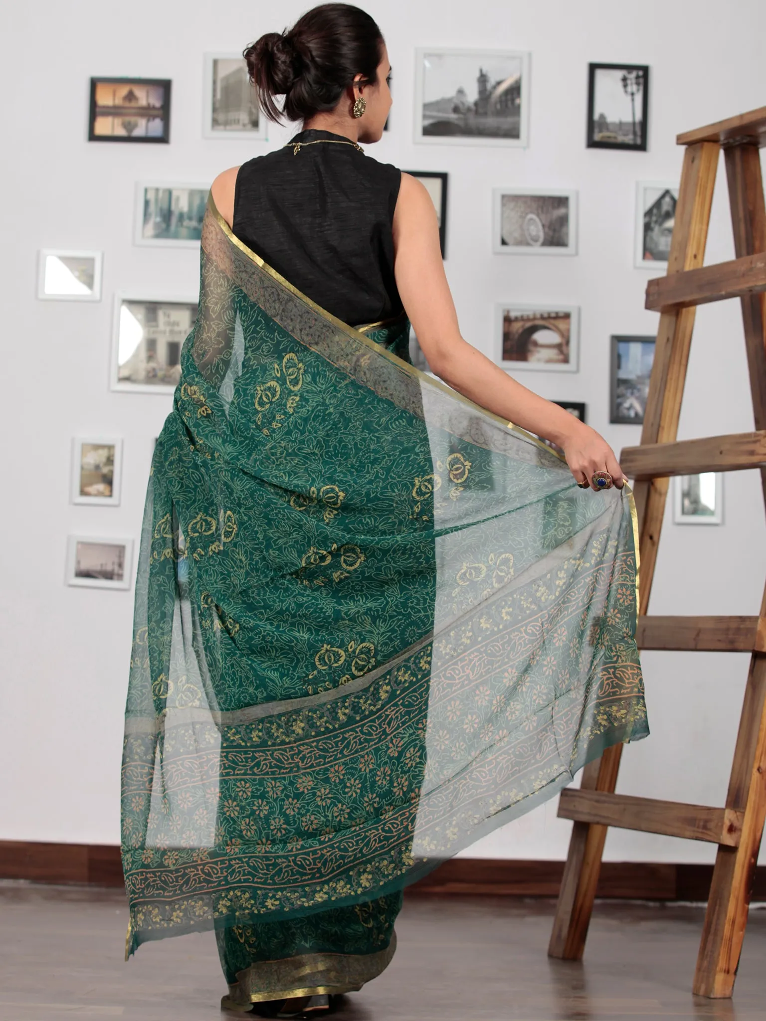 Green Yellow Hand Block Printed Chiffon Saree with Zari Border - S031702754