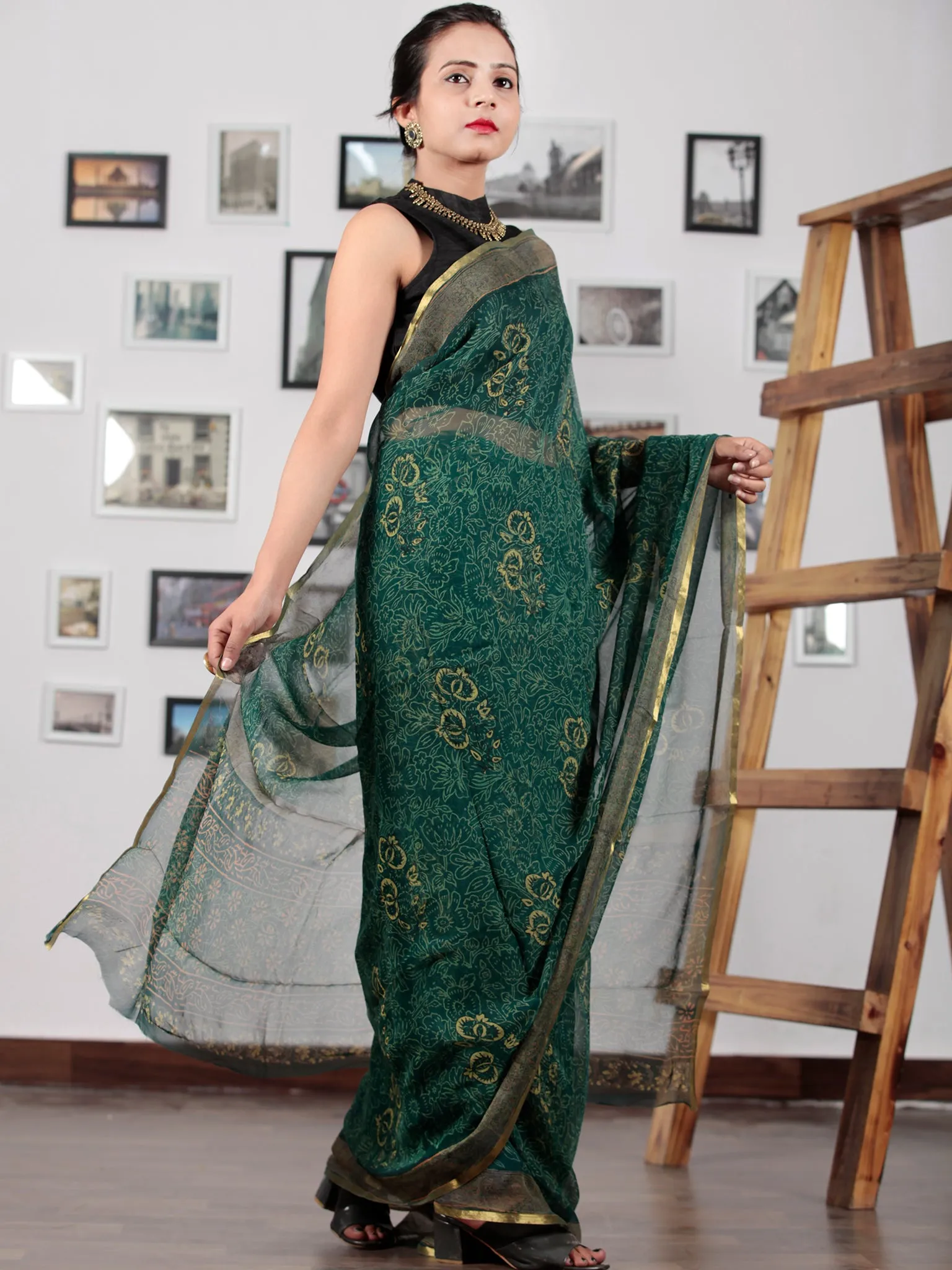 Green Yellow Hand Block Printed Chiffon Saree with Zari Border - S031702754