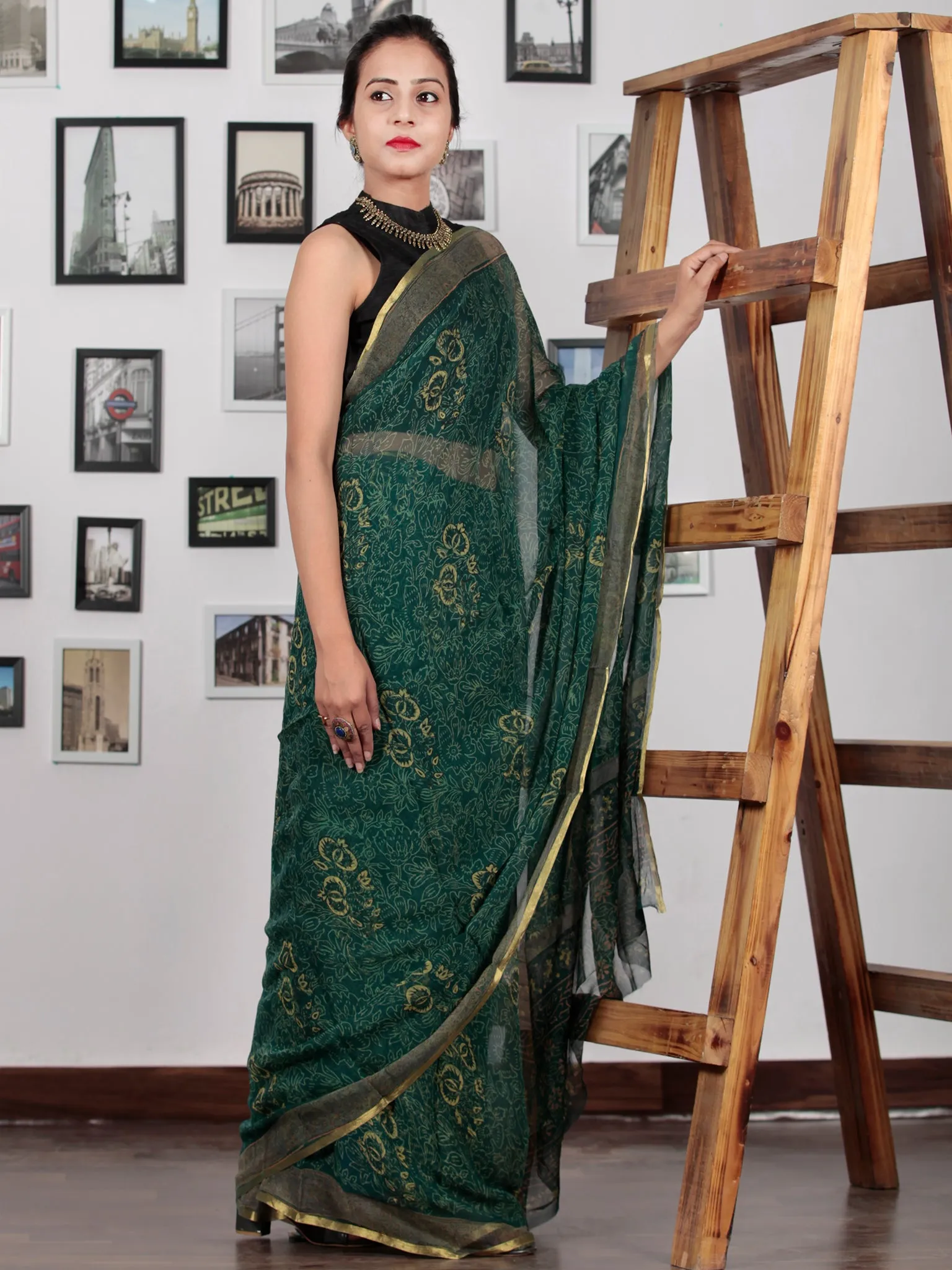 Green Yellow Hand Block Printed Chiffon Saree with Zari Border - S031702754