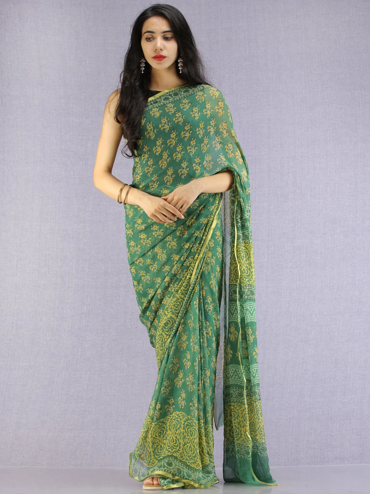 Green Yellow Hand Block Printed Chiffon Saree with Zari Border - S031704619