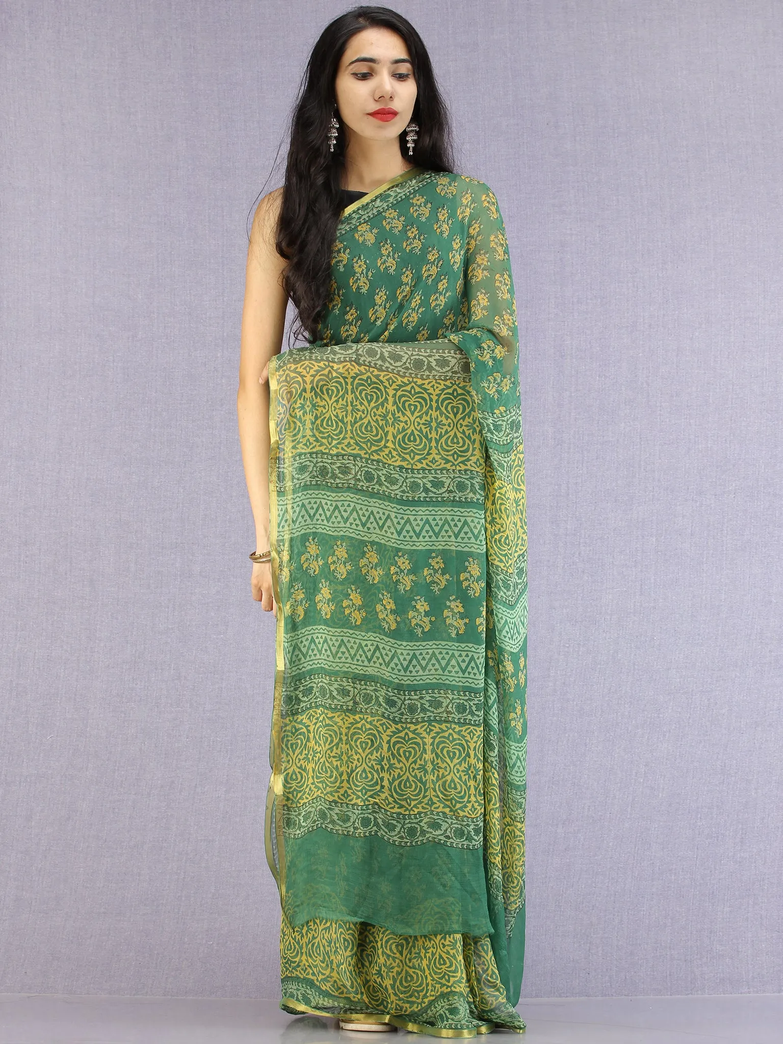 Green Yellow Hand Block Printed Chiffon Saree with Zari Border - S031704619