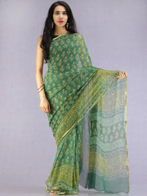 Green Yellow Hand Block Printed Chiffon Saree with Zari Border - S031704619