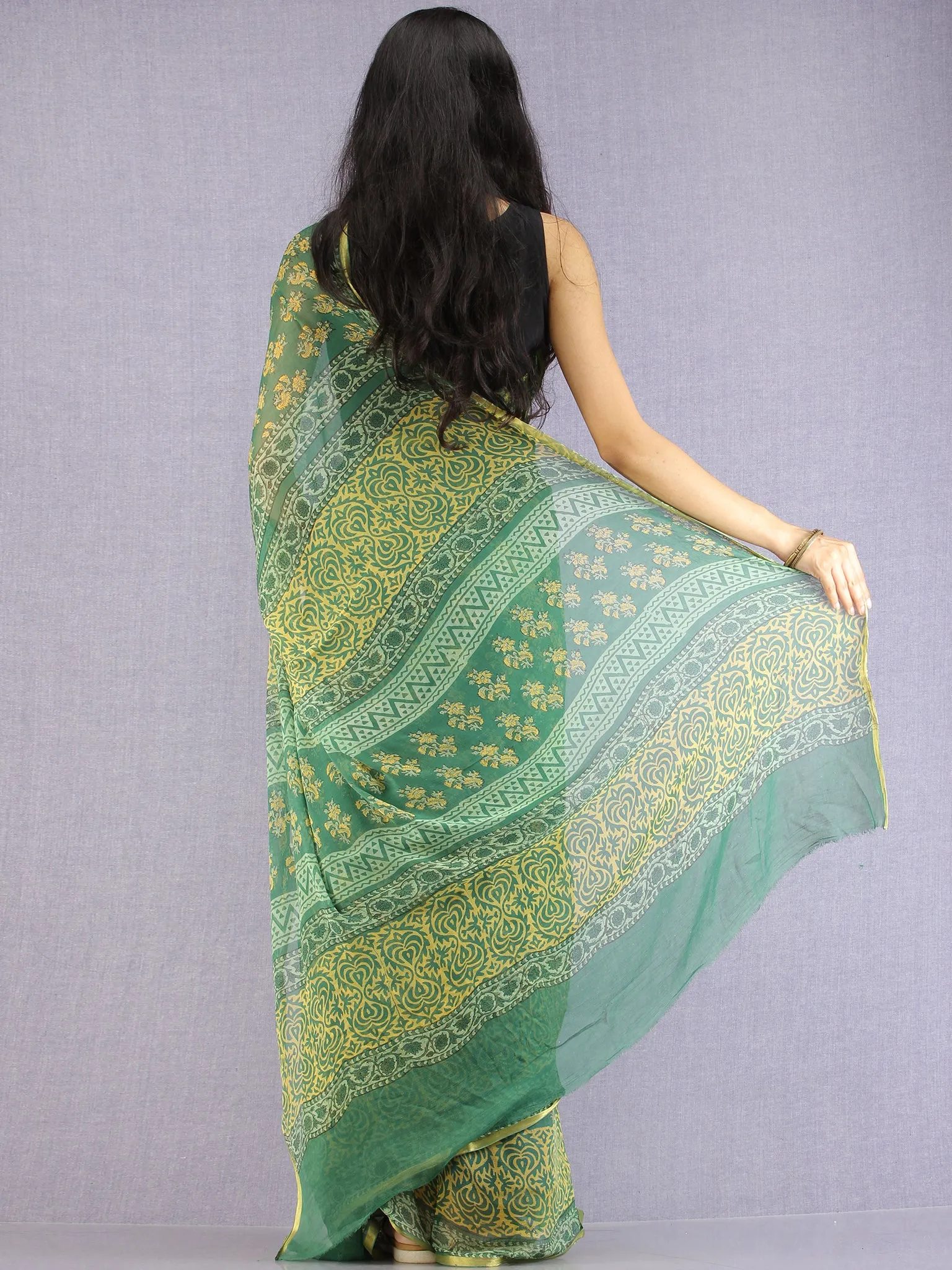 Green Yellow Hand Block Printed Chiffon Saree with Zari Border - S031704619