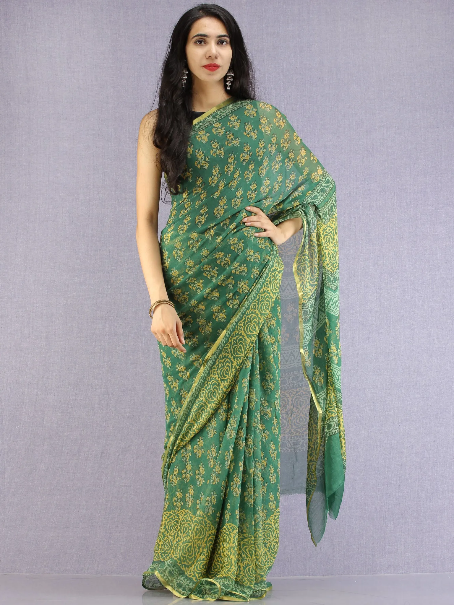 Green Yellow Hand Block Printed Chiffon Saree with Zari Border - S031704619