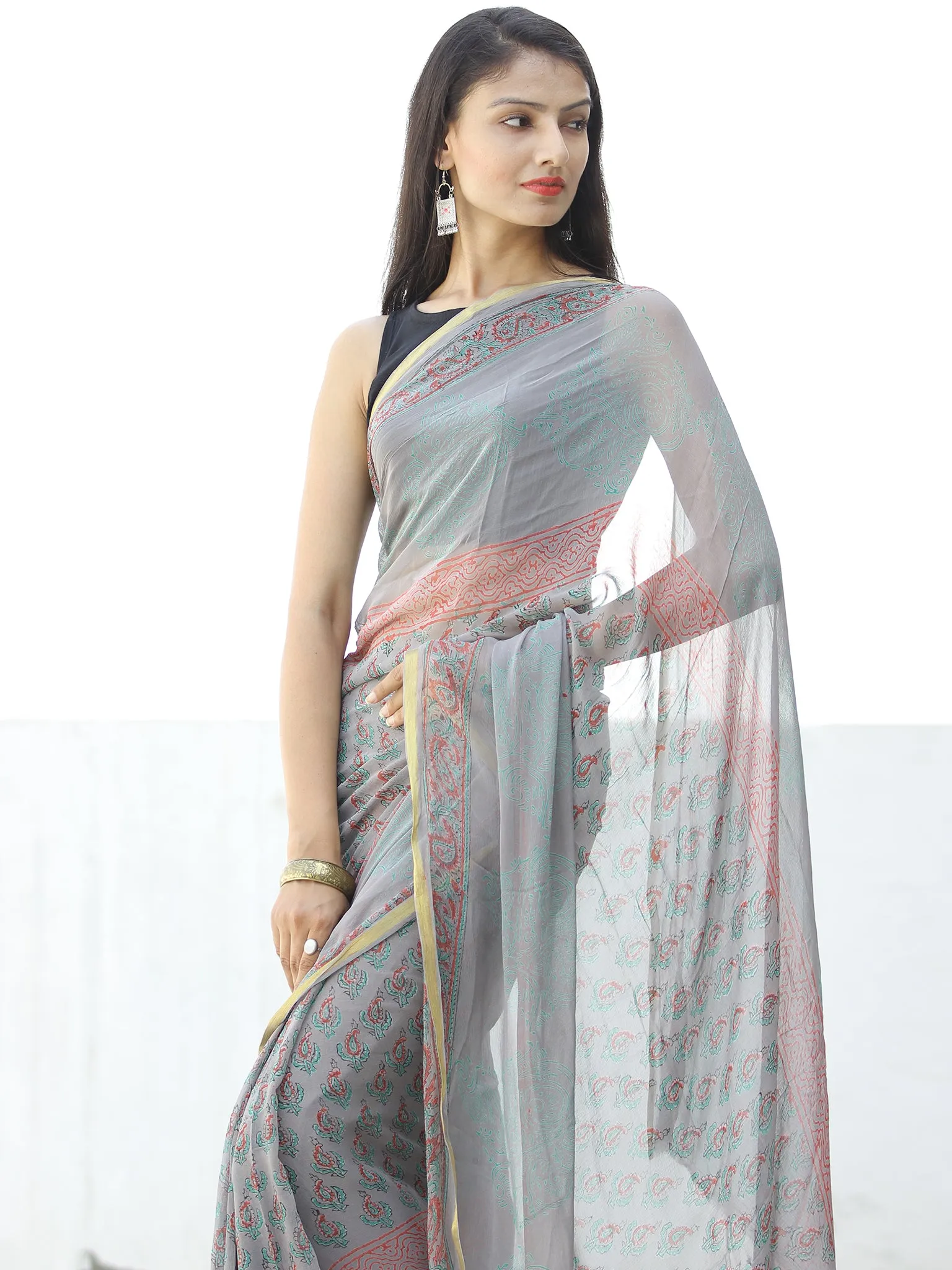 Grey Coral Hand Block Printed Chiffon Saree with Zari Border - S031703966