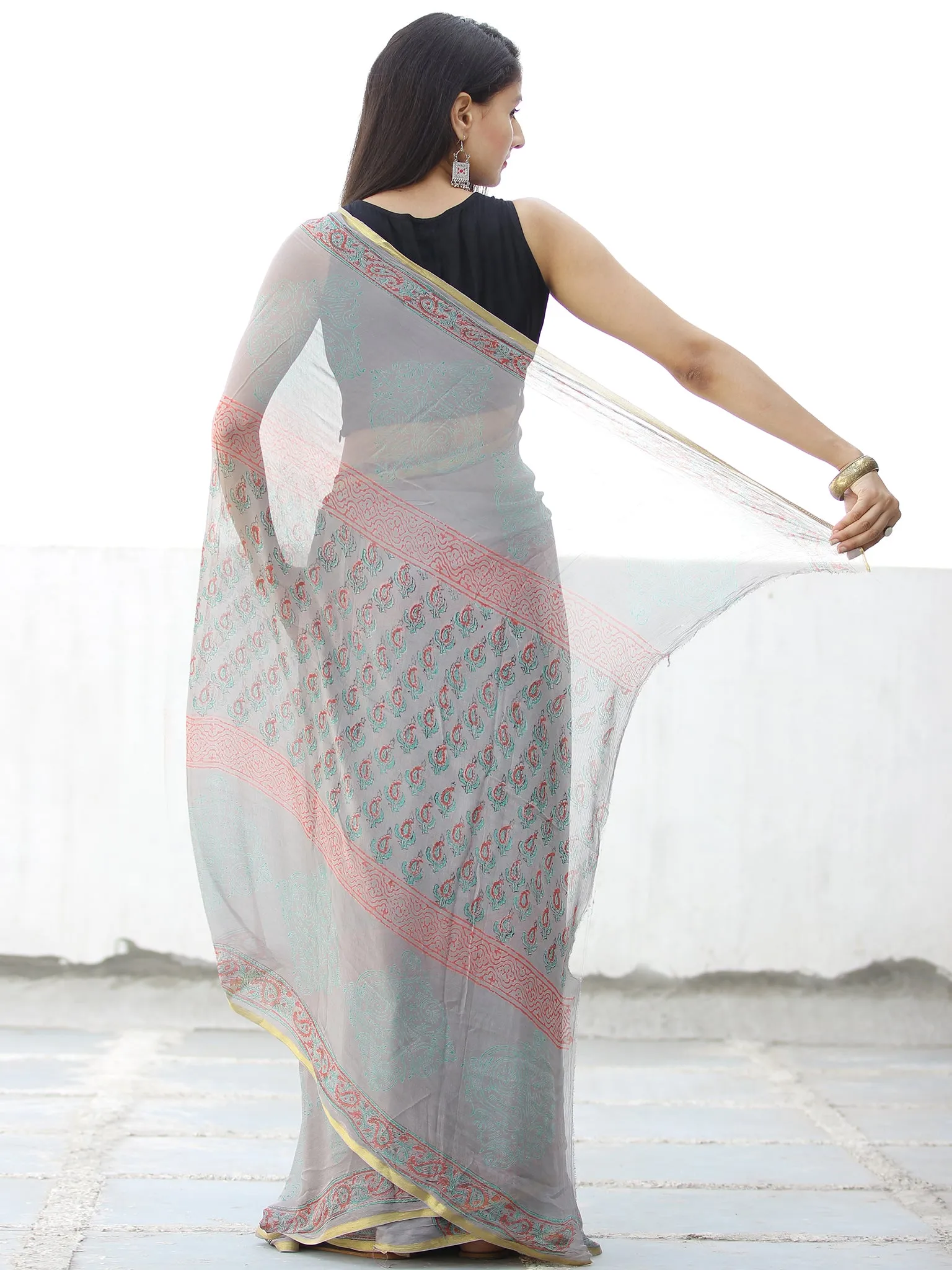 Grey Coral Hand Block Printed Chiffon Saree with Zari Border - S031703966