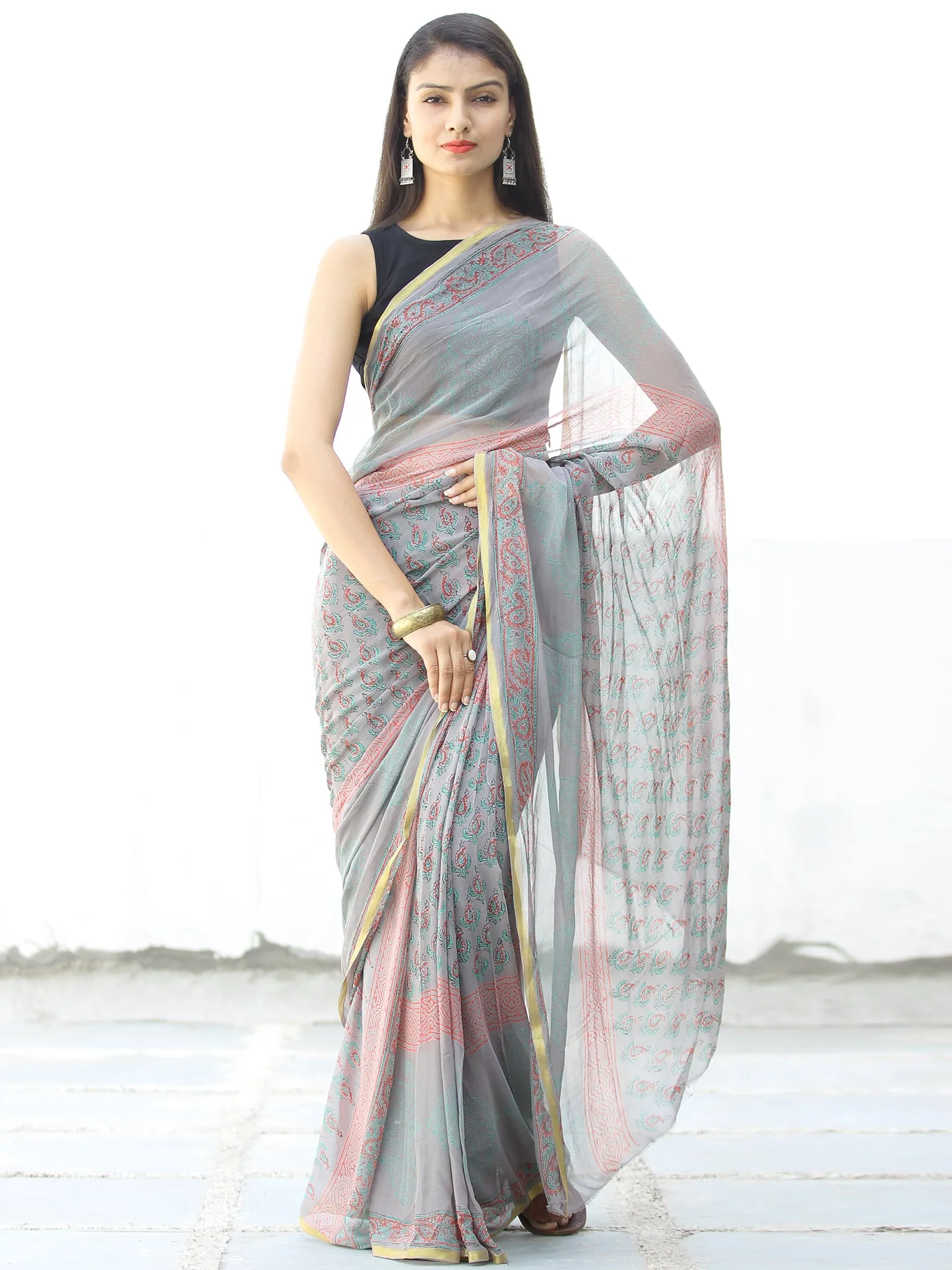 Grey Coral Hand Block Printed Chiffon Saree with Zari Border - S031703966