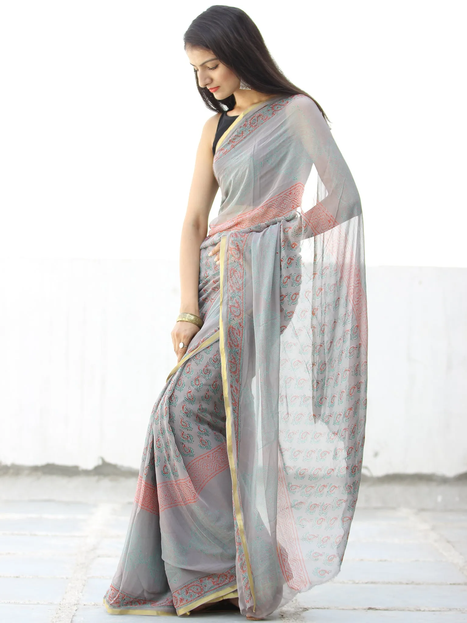 Grey Coral Hand Block Printed Chiffon Saree with Zari Border - S031703966