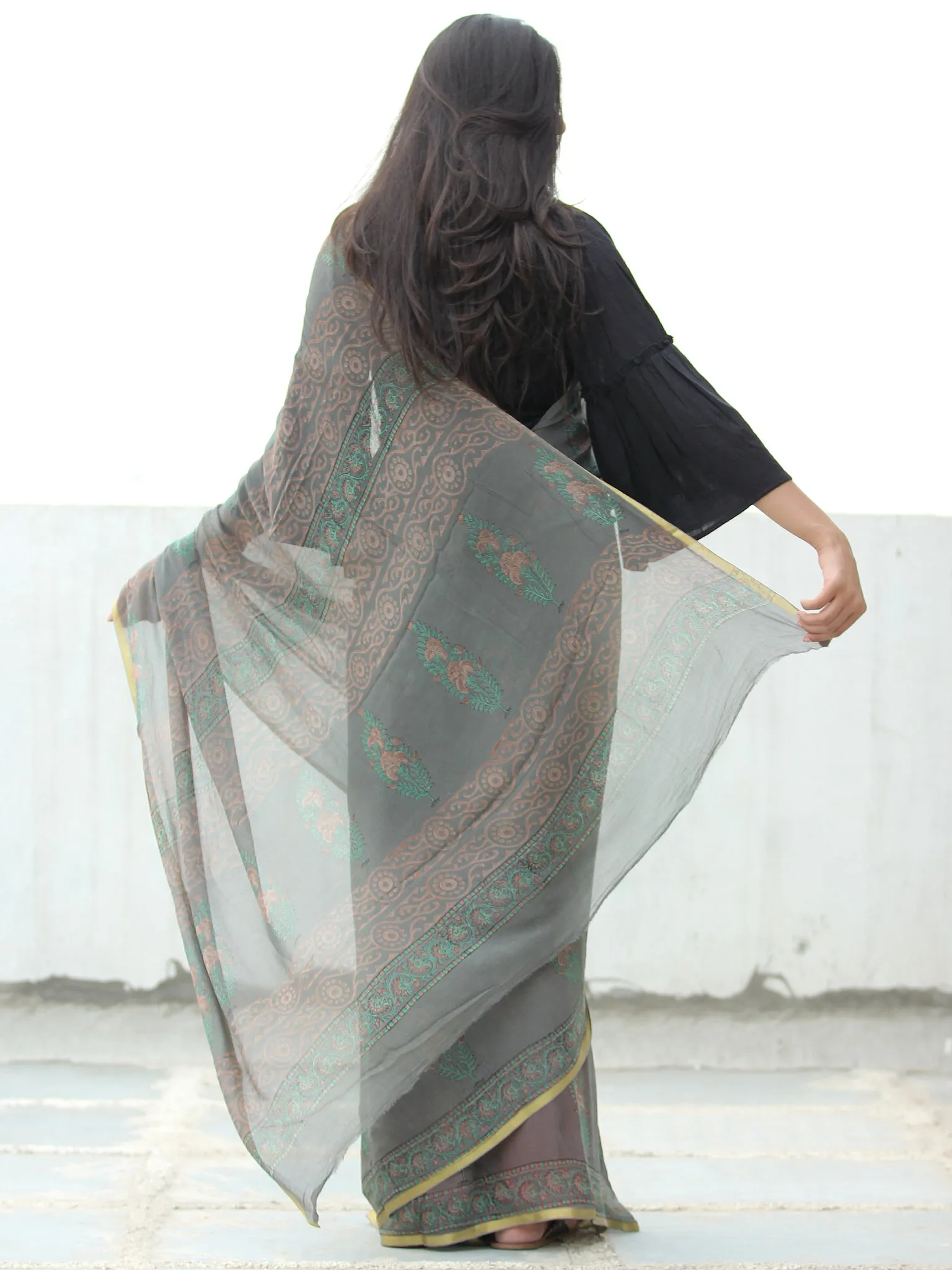 Grey Green Hand Block Printed Chiffon Saree with Zari Border - S031703948