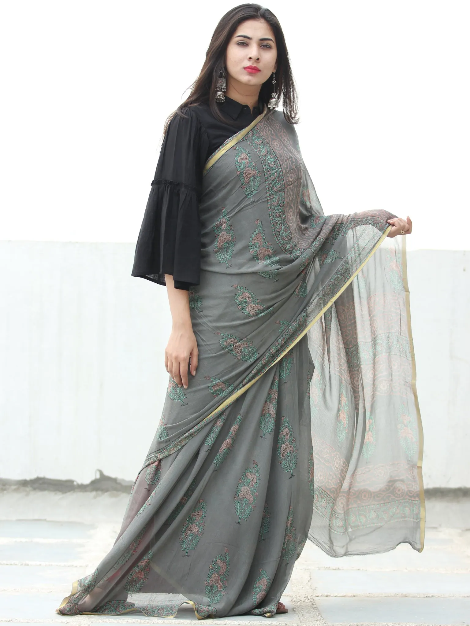 Grey Green Hand Block Printed Chiffon Saree with Zari Border - S031703948