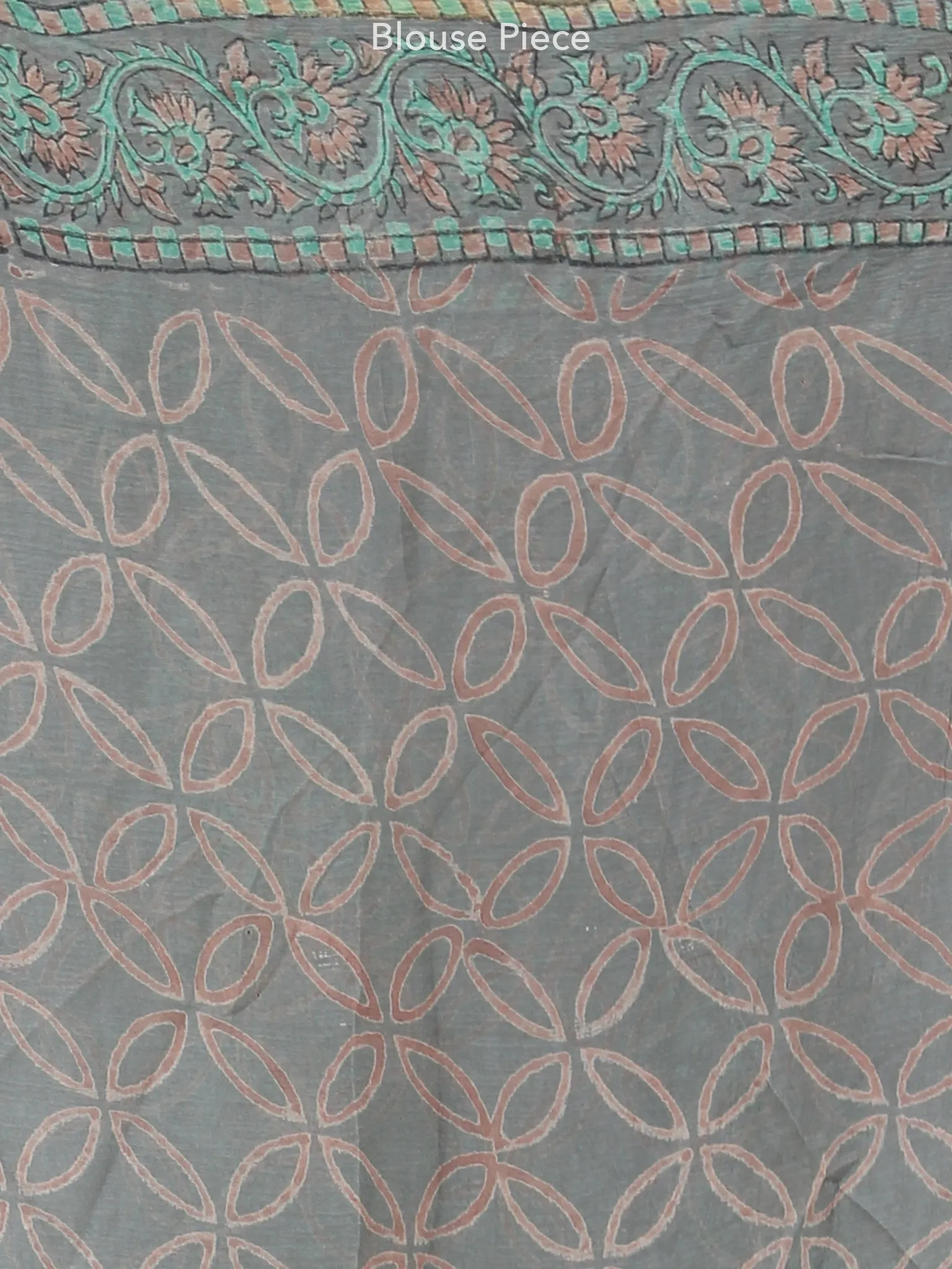 Grey Green Hand Block Printed Chiffon Saree with Zari Border - S031703948