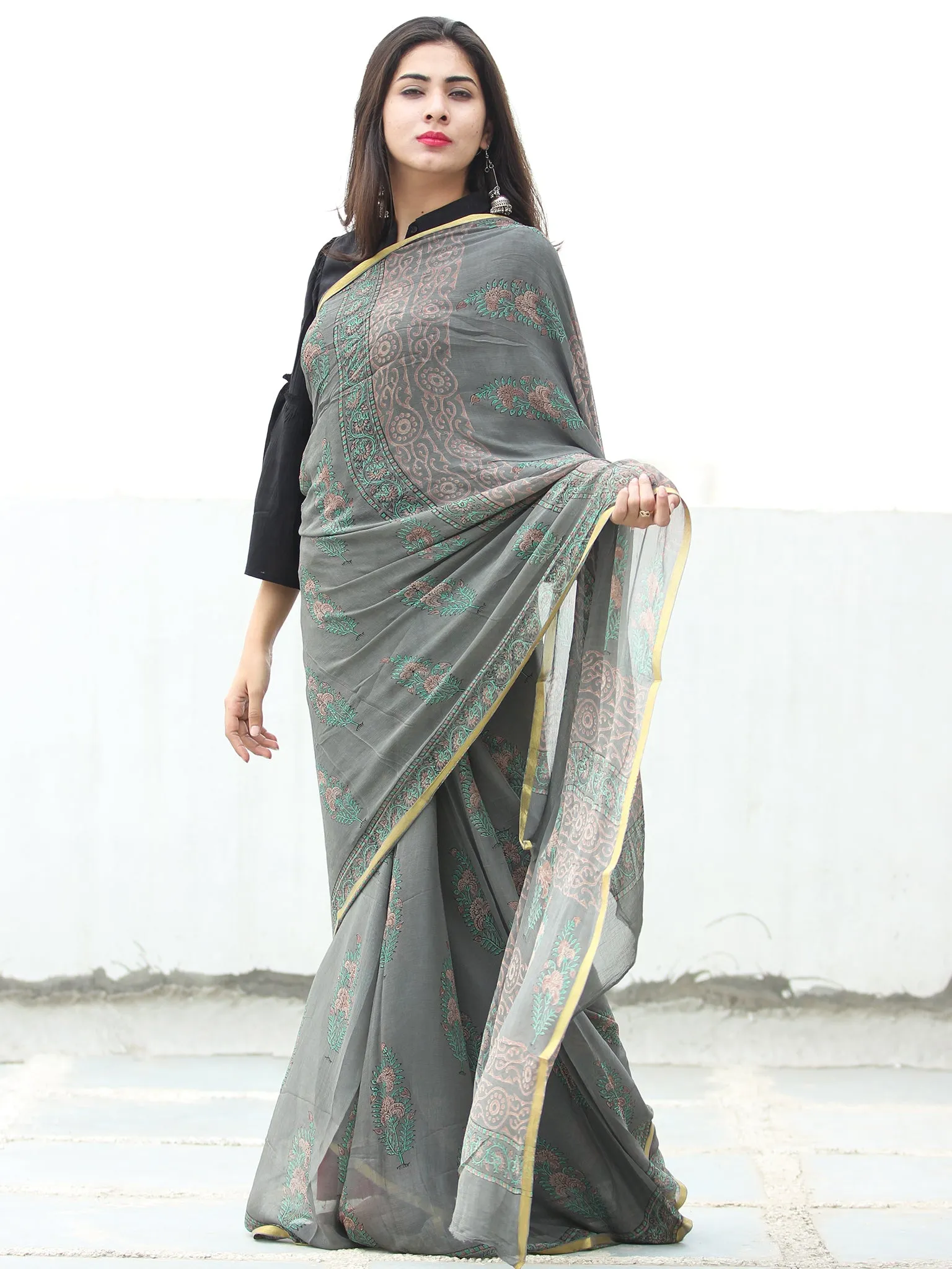 Grey Green Hand Block Printed Chiffon Saree with Zari Border - S031703948