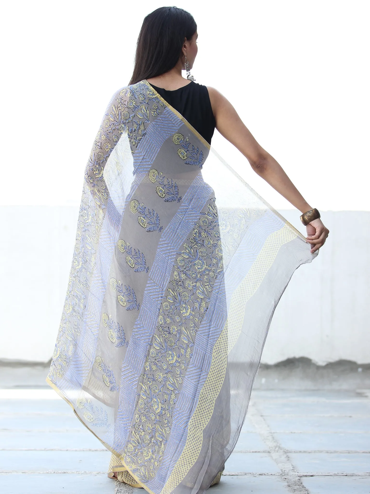 Grey Yellow Hand Block Printed Chiffon Saree with Zari Border - S031703925