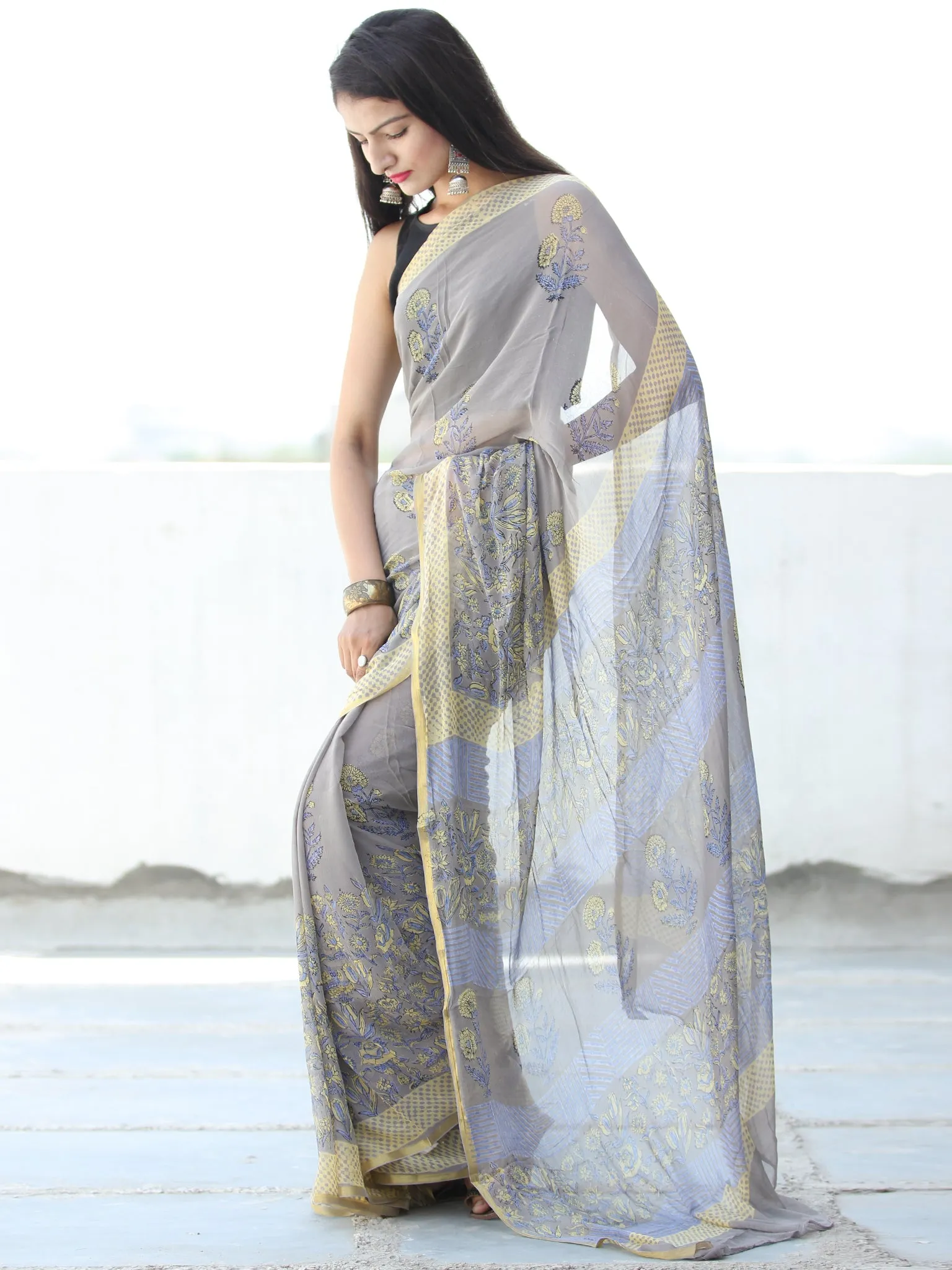 Grey Yellow Hand Block Printed Chiffon Saree with Zari Border - S031703925