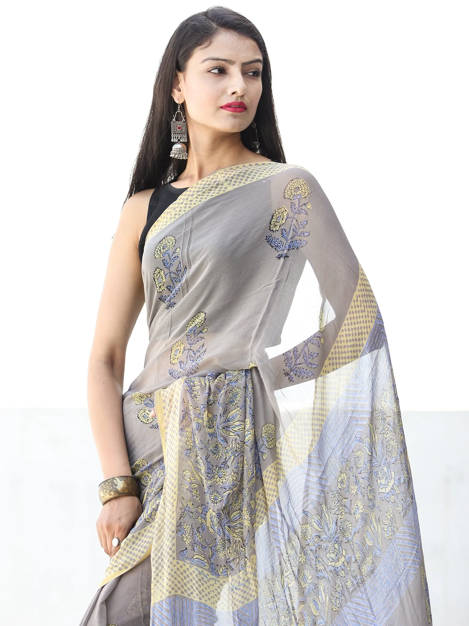 Grey Yellow Hand Block Printed Chiffon Saree with Zari Border - S031703925