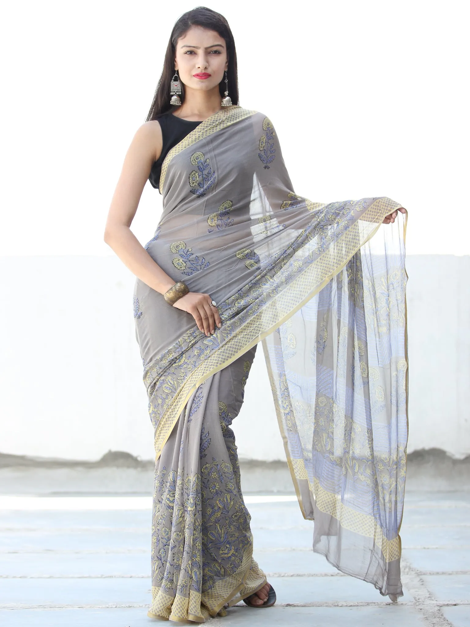 Grey Yellow Hand Block Printed Chiffon Saree with Zari Border - S031703925